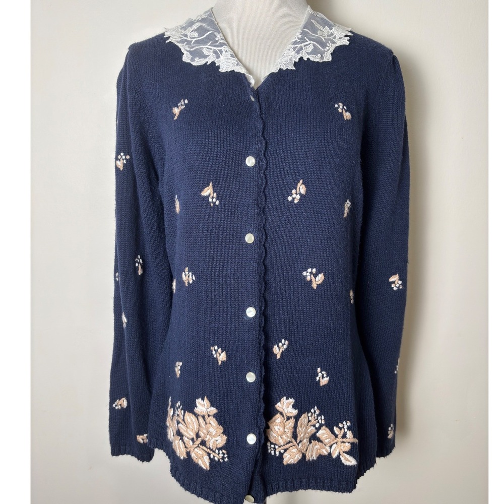 Herman Geist VTG Embroidered Cardigan Sweater L Cottage Floral Coquette Lace